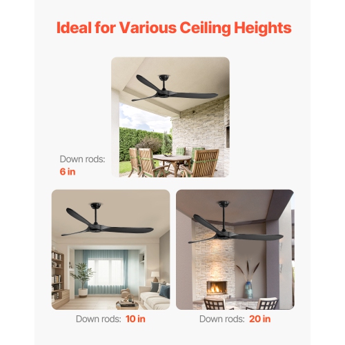 VEVOR 72 Inch Ceiling Fan without Light, 6-Speed Remote Control, 3-Wood-Blade, Reversible DC Motor, Modern Low Profile Flush Mount Exterior Fan for