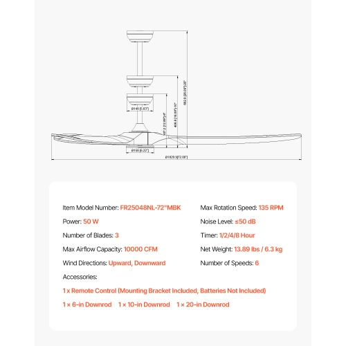 VEVOR 72 Inch Ceiling Fan without Light, 6-Speed Remote Control, 3-Wood-Blade, Reversible DC Motor, Modern Low Profile Flush Mount Exterior Fan for