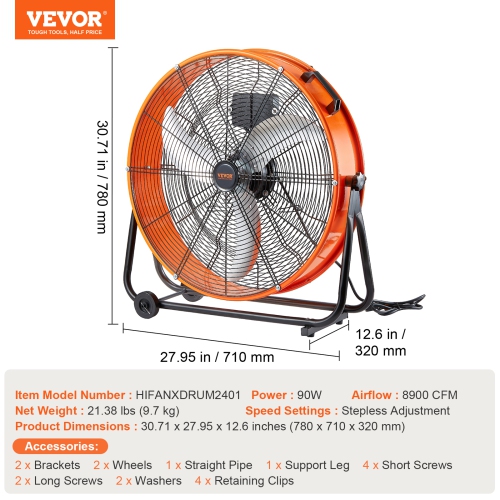 VEVOR 24 Inch Drum Fan, High Velocity Industrial Shop Fan, Heavy Duty Commercial Use Infinitely Variable Speed 7935CFM,360°Adjustable Tilting