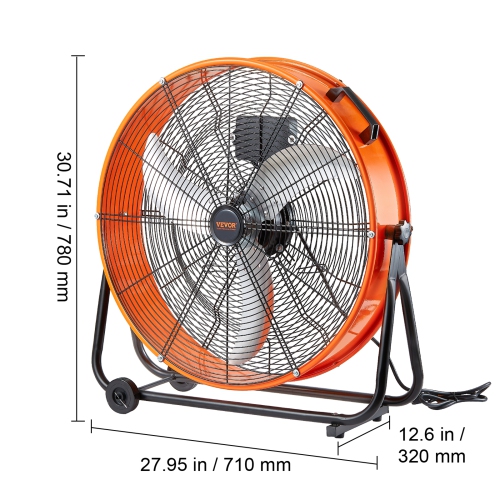 VEVOR 24 Inch Drum Fan, High Velocity Industrial Shop Fan, Heavy Duty Commercial Use Infinitely Variable Speed 7935CFM,360°Adjustable Tilting