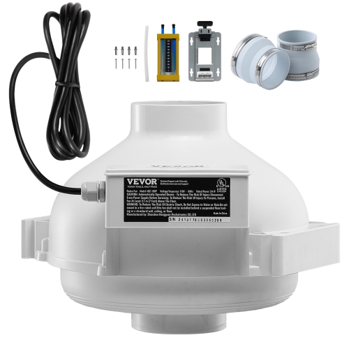 VEVOR 4 to 4.5 inch Radon Fan Installation Kit, Quiet 190CFM Radon Mitigation Fan System Kit with 2 Couplers, Pressure Indicator, Waterproof Inline