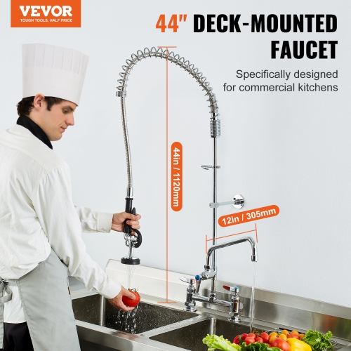 VEVOR Commercial Faucet with Pre-Rinse Sprayer, 44" Height, 8" Center, 12" Swing Spout, Deck Mount Kitchen Sink Faucet, Brass Constructed Device ,