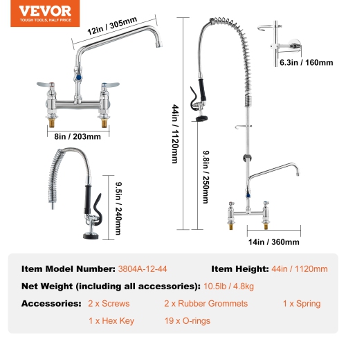 VEVOR Commercial Faucet with Pre-Rinse Sprayer, 44" Height, 8" Center, 12" Swing Spout, Deck Mount Kitchen Sink Faucet, Brass Constructed Device ,