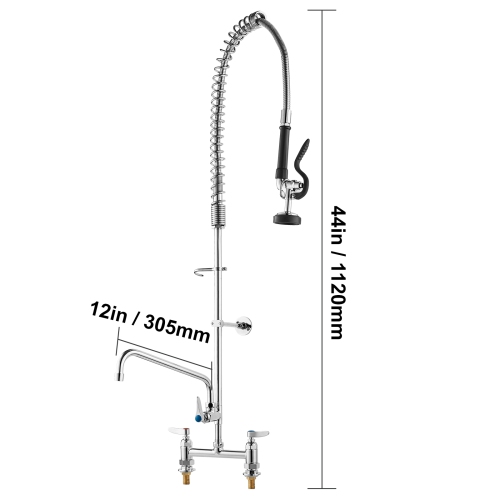 VEVOR Commercial Faucet with Pre-Rinse Sprayer, 44" Height, 8" Center, 12" Swing Spout, Deck Mount Kitchen Sink Faucet, Brass Constructed Device ,