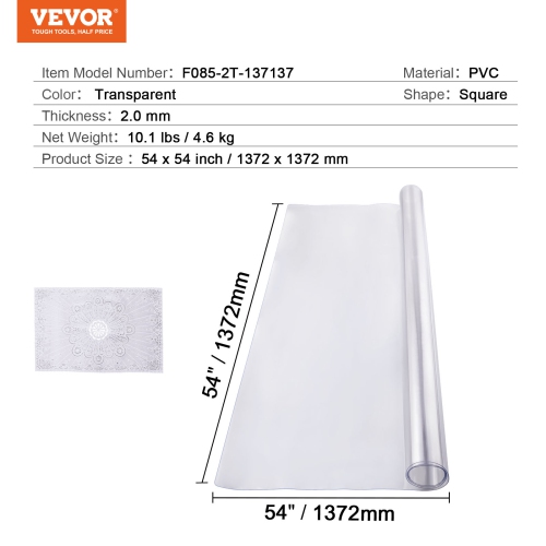 VEVOR 54 x 54 Inch Plastic Table Cover, 2.0 mm Thick Clear Table Protector, Square PVC Desk Mat, Waterproof & Easy Cleaning Desk Pad Tablecloth, for
