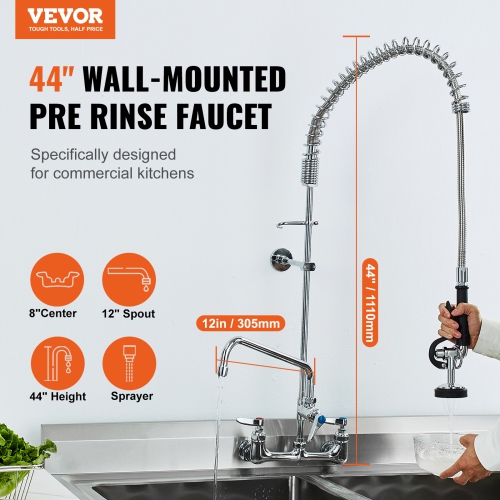 VEVOR Commercial Faucet with Pre-Rinse Sprayer, 44" Height, 8" Center, 12" Swing Spout, Wall Mount Kitchen Sink Faucet, Brass Constructed Device ,
