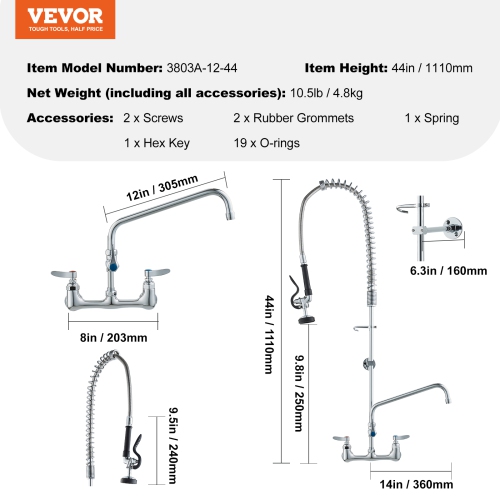 VEVOR Commercial Faucet with Pre-Rinse Sprayer, 44" Height, 8" Center, 12" Swing Spout, Wall Mount Kitchen Sink Faucet, Brass Constructed Device ,
