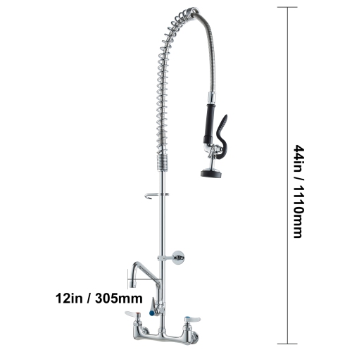 VEVOR Commercial Faucet with Pre-Rinse Sprayer, 44" Height, 8" Center, 12" Swing Spout, Wall Mount Kitchen Sink Faucet, Brass Constructed Device ,