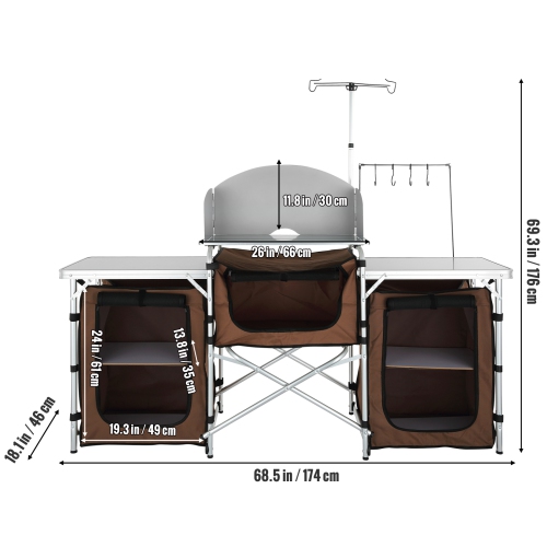VEVOR Camping Kitchen Table, Folding Outdoor Cooking Table with Storage Carrying Bag, Aluminum Cook Station 3 Cupboard & Detachable Windscreen, Quick