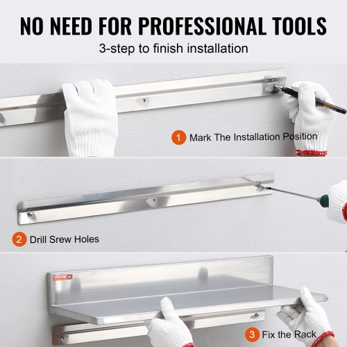 VEVOR 8.6" x 16" Stainless Steel Shelf, Wall Mounted Floating Shelving with Backsplash, 44 lbs Load Capacity Commercial Shelves, Heavy Duty Storage