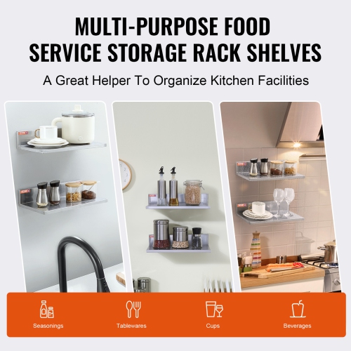 VEVOR 8.6" x 16" Stainless Steel Shelf, Wall Mounted Floating Shelving with Backsplash, 44 lbs Load Capacity Commercial Shelves, Heavy Duty Storage