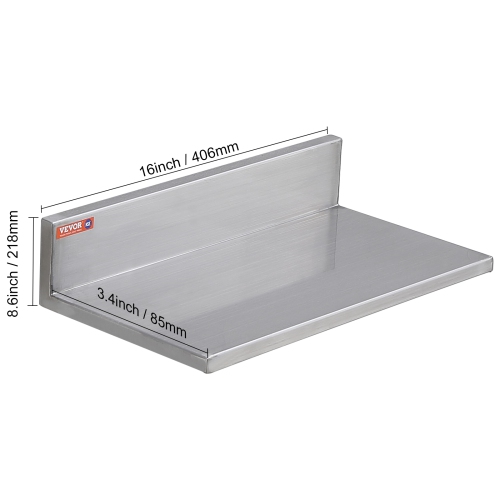 VEVOR 8.6" x 16" Stainless Steel Shelf, Wall Mounted Floating Shelving with Backsplash, 44 lbs Load Capacity Commercial Shelves, Heavy Duty Storage