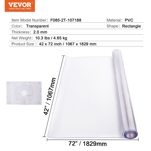 VEVOR 42 x 72 Inch Plastic Table Cover, 2.0 mm Thick Clear Table Protector, Rectangle PVC Desk Mat, Waterproof & Easy Cleaning Desk Pad Tablecloth,