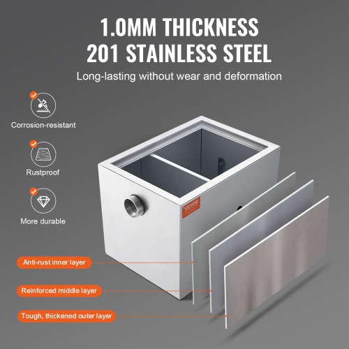VEVOR 2.8 GPM Commercial Grease Trap, 8 LBS Grease Interceptor, Side Inlet Interceptor,Under Sink Stainless Steel Grease Trap,Waste Water Oil-water