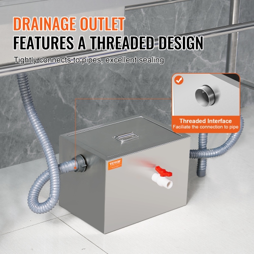 VEVOR 2.8 GPM Commercial Grease Trap, 8 LBS Grease Interceptor, Side Inlet Interceptor,Under Sink Stainless Steel Grease Trap,Waste Water Oil-water