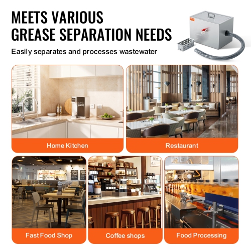 VEVOR 2.8 GPM Commercial Grease Trap, 8 LBS Grease Interceptor, Side Inlet Interceptor,Under Sink Stainless Steel Grease Trap,Waste Water Oil-water