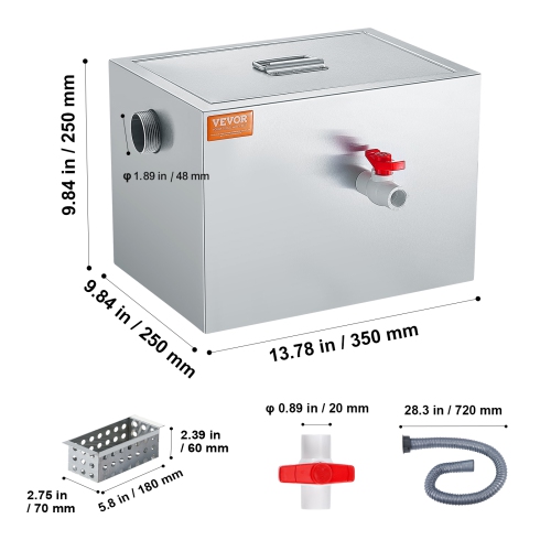VEVOR 2.8 GPM Commercial Grease Trap, 8 LBS Grease Interceptor, Side Inlet Interceptor,Under Sink Stainless Steel Grease Trap,Waste Water Oil-water