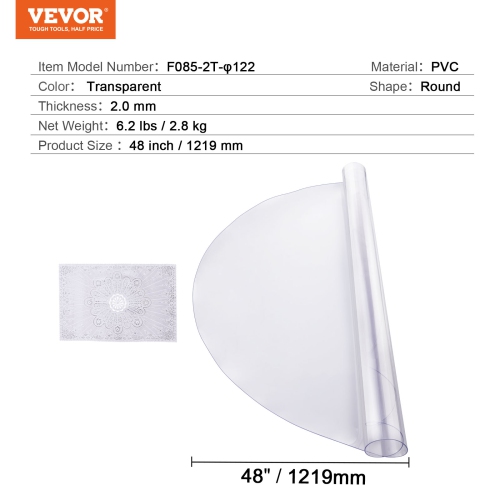 VEVOR 48 x 48 Inch Plastic Table Cover, 2.0 mm Thick Clear Table Protector, Round PVC Desk Mat, Waterproof & Easy Cleaning Desk Pad Tablecloth, for