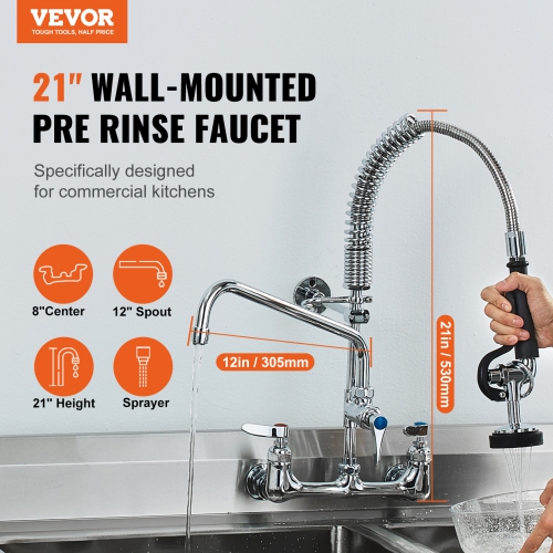 VEVOR Commercial Faucet with Pre-Rinse Sprayer, 21" Height, 8" Center, 12" Swing Spout, Wall Mount Kitchen Sink Faucet, Brass Constructed Device ,