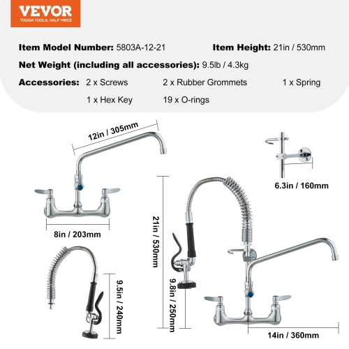 VEVOR Commercial Faucet with Pre-Rinse Sprayer, 21" Height, 8" Center, 12" Swing Spout, Wall Mount Kitchen Sink Faucet, Brass Constructed Device ,