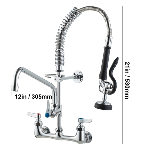VEVOR Commercial Faucet with Pre-Rinse Sprayer, 21" Height, 8" Center, 12" Swing Spout, Wall Mount Kitchen Sink Faucet, Brass Constructed Device ,