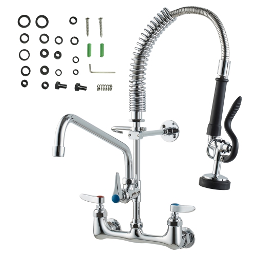 VEVOR Commercial Faucet with Pre-Rinse Sprayer, 21" Height, 8" Center, 12" Swing Spout, Wall Mount Kitchen Sink Faucet, Brass Constructed Device ,