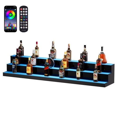 VEVOR 3 Tiers 60 Inch LED Lighted Liquor Bottle Display, Commercial Illuminated Home Bar Shelf, 3 Steps Whiskey Rack Stand, Acrylic Drink Shelves