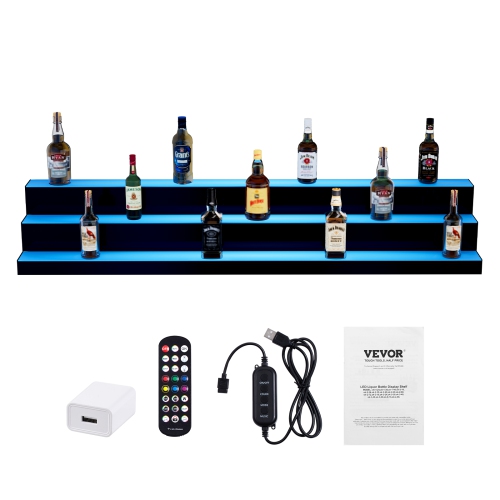 VEVOR 3 Tiers 60 Inch LED Lighted Liquor Bottle Display, Commercial Illuminated Home Bar Shelf, 3 Steps Whiskey Rack Stand, Acrylic Drink Shelves