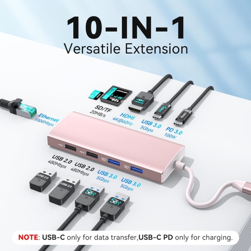 USB C Adapter 10 in 1 USB C Hub with 4K HDMI, USB C Data Port, 100W PD, 2 USB 3.0 Port, Gigabit Ethernet, 2 USB 2.0 Port, SD/TF Card Reader for Dell,