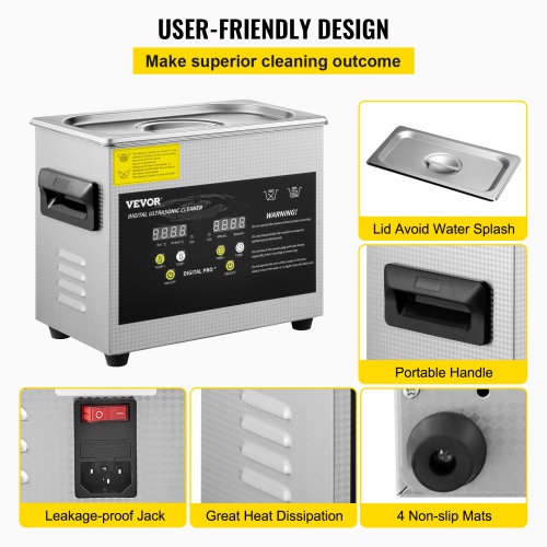 VEVOR 3L Ultrasonic Cleaner Ultrasonic Parts Cleaner 200W 40KHz Stainless Steel Ultrasonic Jewelry Cleaner with Digital Timer Heater for Jewelry
