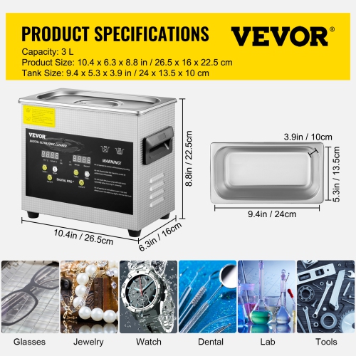 VEVOR 3L Ultrasonic Cleaner Ultrasonic Parts Cleaner 200W 40KHz Stainless Steel Ultrasonic Jewelry Cleaner with Digital Timer Heater for Jewelry