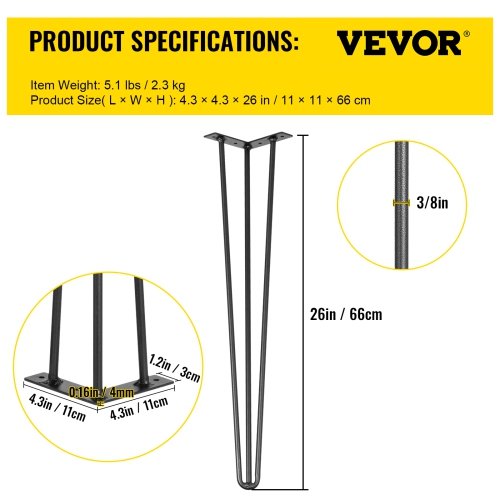 VEVOR 26inch Hairpin Table Legs Black Set of 4 Desk Legs Each 220lbs Capacity Hairpin Desk Legs 3 Rods for Bench Desk Dining End Table Chairs Carbon