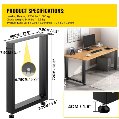 VEVOR Black Metal Table Legs Set of 2 Steel Table Legs 28x23 Inch Dining Table Legs Office Table Legs Computer Desk Legs Steel Bench Legs Country