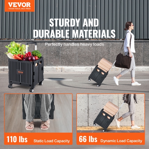 VEVOR 110 lbs Load Foldable Utility Cart, Folding Portable Rolling Crate Handcart with Heavy Duty Telescoping Handle and 4 Rotate Wheels for Travel