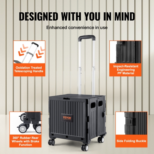 VEVOR 110 lbs Load Foldable Utility Cart, Folding Portable Rolling Crate Handcart with Heavy Duty Telescoping Handle and 4 Rotate Wheels for Travel