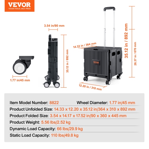 VEVOR 110 lbs Load Foldable Utility Cart, Folding Portable Rolling Crate Handcart with Heavy Duty Telescoping Handle and 4 Rotate Wheels for Travel