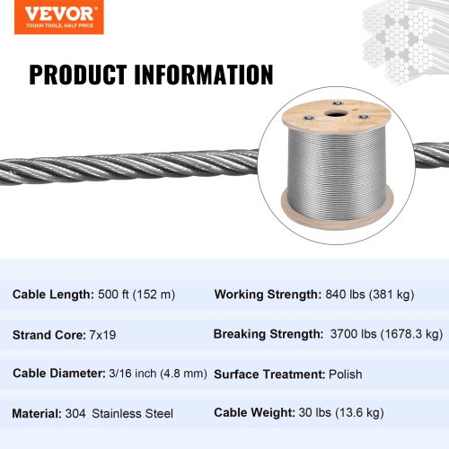 VEVOR 3/16 Inch 7x19 Stainless Steel Aircraft Cable Reel 500FT Stainless Steel Cable T304 Wire Rope Winch Cable Replacement