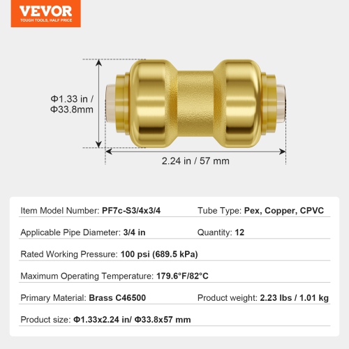 VEVOR 3/4" Pipe Fittings, 12PCS Brass Pipe Fittings, Straight-Through Push-Fit Pipe Connector Brass Air Fittings, Heavy Duty Plumbing Fittings