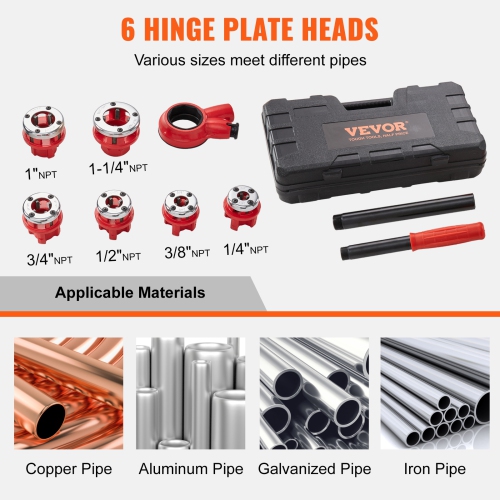 VEVOR 1/4" - 1-1/4" NPT Ratchet Pipe Threader Kit, Manual Ratcheting Pipe Threader, Portable Pipe Threading Tool Set with 6PCS NPT Dies, Storage Case