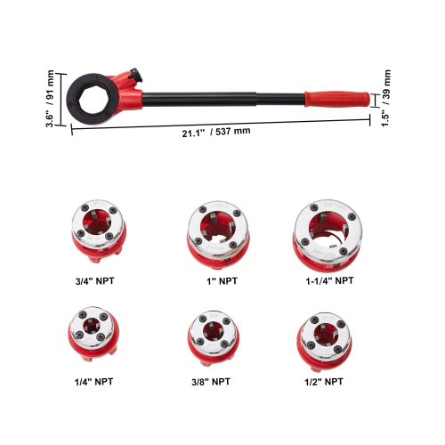 VEVOR 1/4" - 1-1/4" NPT Ratchet Pipe Threader Kit, Manual Ratcheting Pipe Threader, Portable Pipe Threading Tool Set with 6PCS NPT Dies, Storage Case