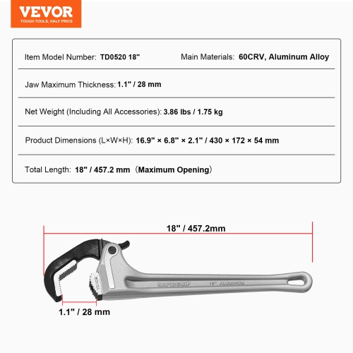VEVOR 18" Pipe Wrench, Aluminum Straight Pipe Wrench, Automatic Jaw Adjustment, Adjustable Plumbing Wrench, Easy to Carry, Ergonomic Handle, Hangable