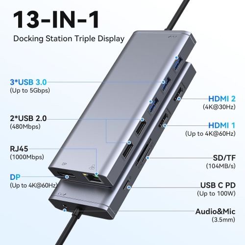 13 in 1 USB C Hub with Multiport Adapter Dongle with 2 HDMI, DP, Ethernet, PD Charging, 3 USB 3.0, 2 USB 2.0, SD/TF, Mic/Audio for