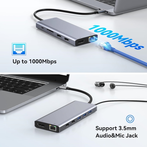 13 in 1 USB C Hub with Multiport Adapter Dongle with 2 HDMI, DP, Ethernet, PD Charging, 3 USB 3.0, 2 USB 2.0, SD/TF, Mic/Audio for