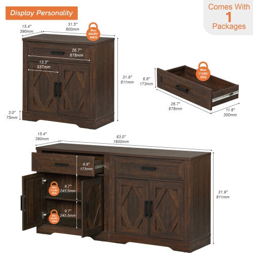 WAMPAT 2 in 1 Sideboard Buffet Cabinet,63" Wide Kitchen Storage Cabinet with Drawers & Doors, Farmhouse Coffee Bar Accent Cabinet Wooden Credenza for