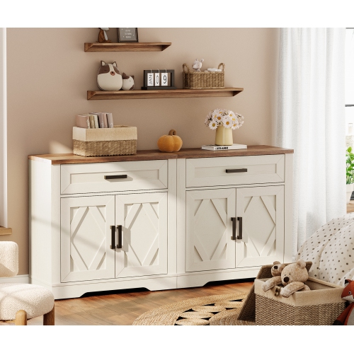 WAMPAT 2-in-1 Sideboard Buffet Cabinet, 63" Wide Kitchen Storage with Drawers & Doors, Modern Farmhouse Coffee Bar Wooden Credenza with Shelves for