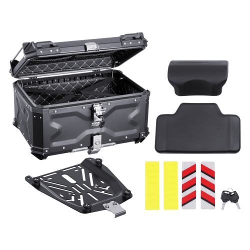 VEVOR  Motorcycle Top Case, Universal Aluminum Alloy Motorbike Tail Box w Leather Lining, 65L Waterproof Detachable Motorcycle Top Box w Lock &