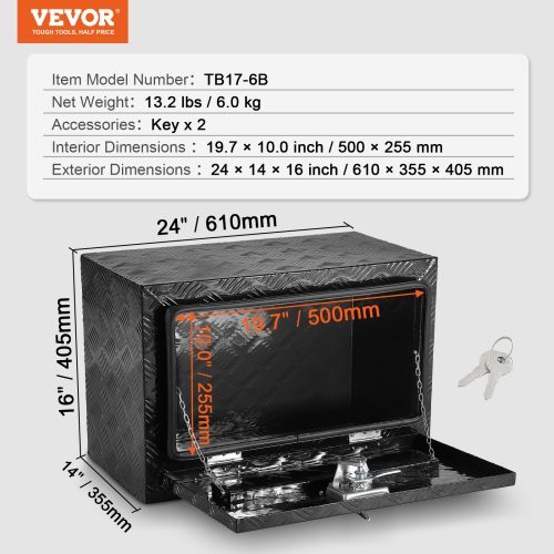 VEVOR 24"x14"x16" Underbody Truck Box, Pickup Storage Box, Heavy Duty Aluminum Diamond Plate Tool Box with Lock and Keys, Waterproof Trailer Storage