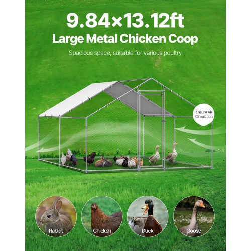 VEVOR 9.8x13.1x6.5 ft Metal Chicken Coop, Large Walk-in Chicken Runs with Cover, Spire Roof Hen House Enclosure with Security Lock,Outdoor Duck