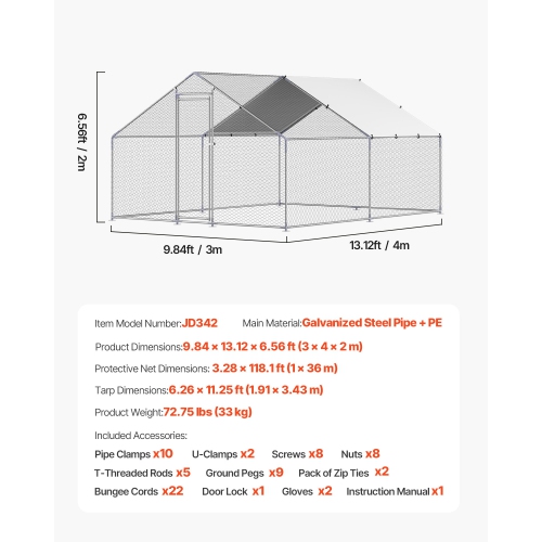 VEVOR 9.8x13.1x6.5 ft Metal Chicken Coop, Large Walk-in Chicken Runs with Cover, Spire Roof Hen House Enclosure with Security Lock,Outdoor Duck