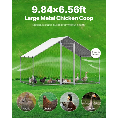 VEVOR 9.8x6.5x6.5ft Metal Chicken Coop, Large Walk-in Chicken Runs with Cover, Spire Roof Hen House Enclosure with Security Lock, Outdoor Duck Rabbit